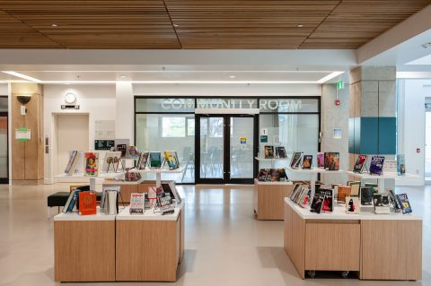 Grab and go shelves and Community Room entrance